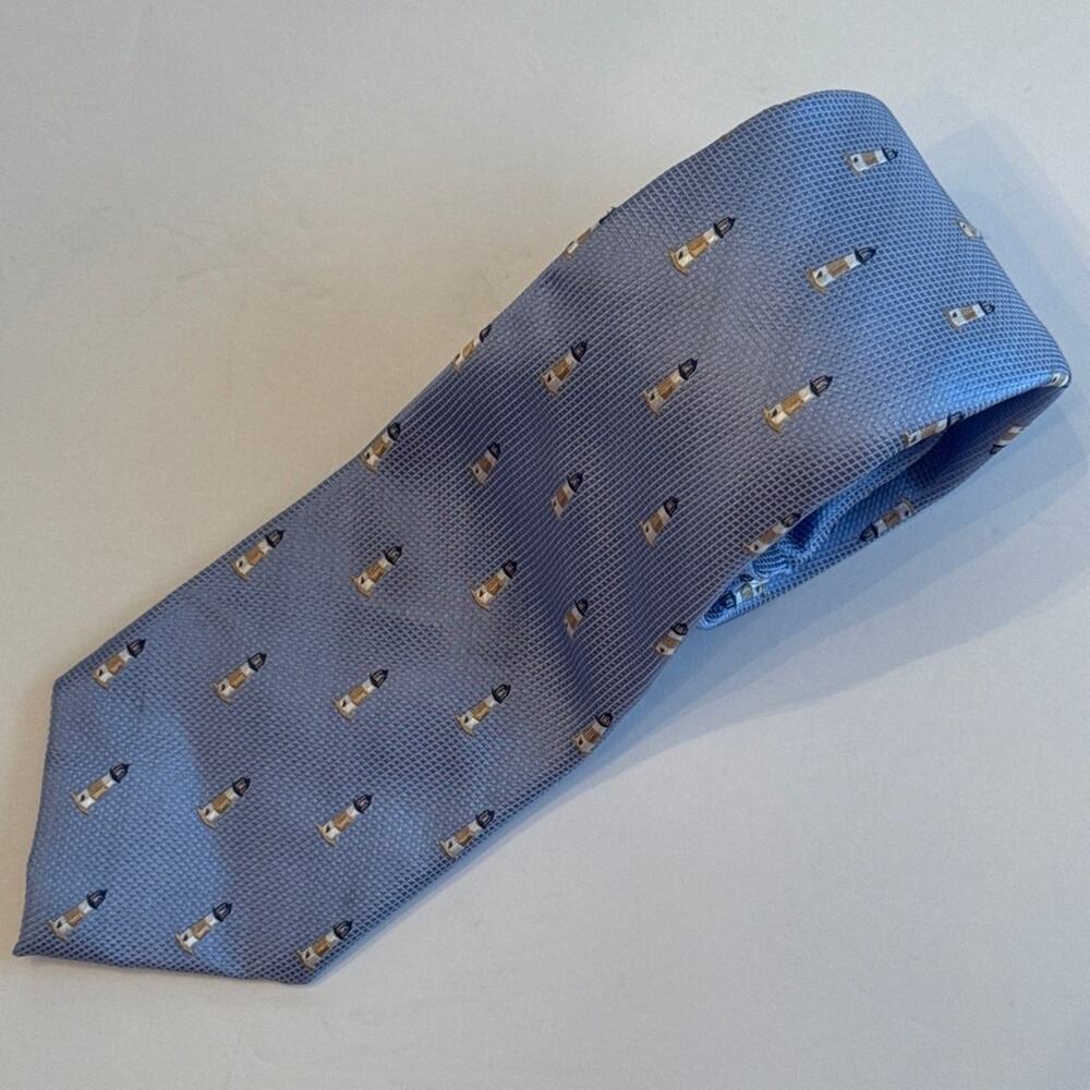 Saddlebred Lighthouse Silk Blend Textured Blue Nautical Necktie 60” Foulard Tie